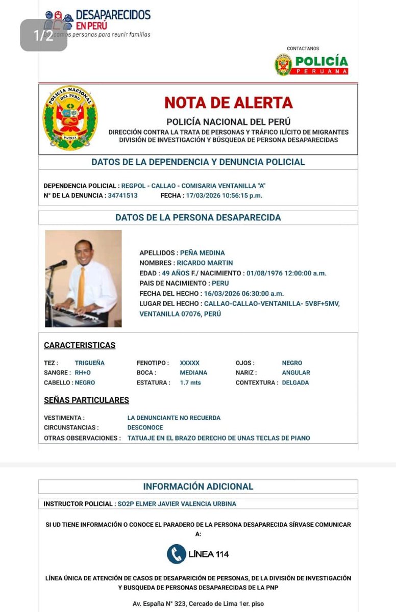 callao_noticias's tweet photo. 🚨 Músico chalaco desaparecido

Ricardo Martín Peña Medina (49) desapareció el 16 de marzo en Ventanilla, Callao. Tiene un tatuaje de teclas de piano en el brazo derecho.

📞 Si tienes información sobre su paradero, comunícate al 920 760 439 con su hermano Juan Peña. https://t.co/iXeecODs9x