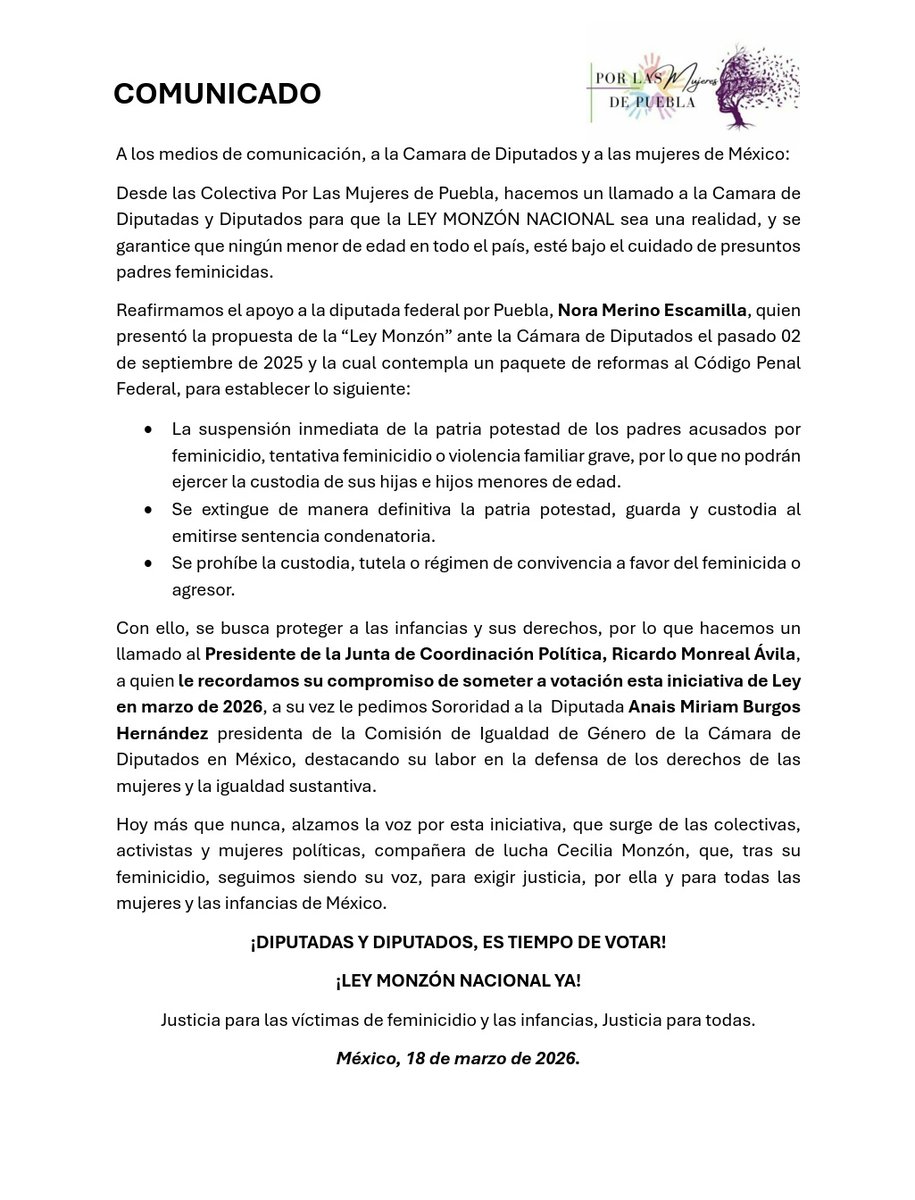 Hacemos un llamado desde la colectiva Por Las Mujeres de Puebla, a <a href="/Mx_Diputados/">H. Cámara de Diputados</a> a <a href="/RicardoMonrealA/">Ricardo Monreal A.</a> a la presidenta de la comisión de Igualdad #AnaisMiriamBurgosHernandez a qué está se apruebe la #LeyMonzonNacional <a href="/CitlaHM/">Citlalli Hernández Mora</a> <a href="/Claudiashein/">Claudia Sheinbaum Pardo</a> 
#HastaQueSeaLey 🌻 <a href="/NoraMEscamilla/">Nora Escamilla</a>