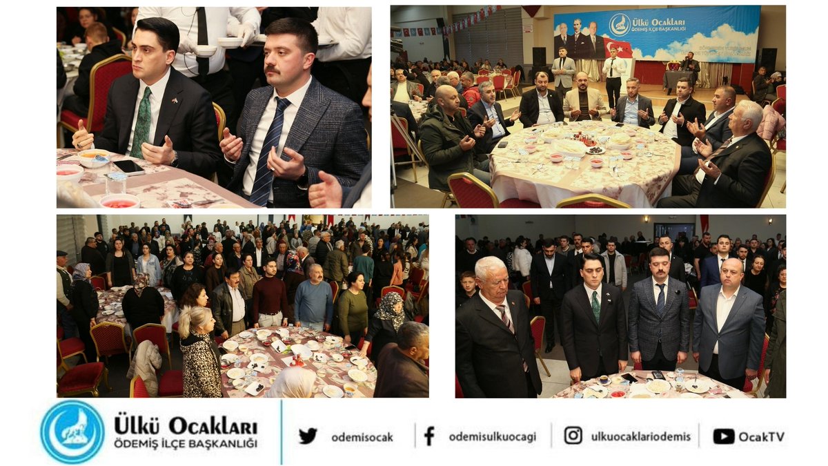 odemisocak's tweet photo. Ülkü Ocakları Ödemiş İlçe Başkanlığı olarak, 18 Mart Çanakkale Zaferi ve aziz şehitlerimizin hatırasına ithafen düzenlediğimiz “Bir Sofra Bin Dua” temalı iftar programımızı, Ülkü Ocakları İzmir İl Başkanımız Sayın Burak Kılıç’ın katılımlarıyla gerçekleştirdik.

Şehit ailelerimizin, gazilerimizin ve çok sayıda kıymetli hemşehrimizin katıldığı programımız; İsmail Gündoğdu hocamızın ilahi dinletisi ve dualarıyla başlamış, akabinde saygı duruşu ve İstiklal Marşı’nın okunmasıyla devam etmiştir.

Program kapsamında; Ülkü Ocakları İzmir İl Teşkilat Başkanımız ve Ödemiş Ülkü Ocakları İlçe Başkanımız Sayın İbrahim Dumanlı’nın açılış konuşmalarının ardından, Ülkü Ocakları İzmir İl Başkanımız Sayın Burak Kılıç’ın konuşmalarıyla programımız devam etmiştir.

Konuşmaların akabinde sahne alan sanatçımız Alptuğ Türkmen'in gerçekleştirdiği müzik dinletisi sonrası programımız son bulmuştur. 

Bu anlamlı programda bizlerle birlikte olan başta Ülkü Ocakları İzmir İl Başkanımız Sayın Burak Kılıç'a, MHP İl Başkan Yardımcılarına,MHP Ödemiş İlçe Başkanı Ceyhun Kınlı ve Belediye Meclis üyelerimize, Ülkü Ocakları İl Yöneticileri ve İlçe Ocak Başkanlarına,  siyasi parti temsilcilerine, sendika temsilcilerine,oda başkanlarına,muhtarlara ve yoğun katılımlarıyla Ödemişli hemşerilerimize teşekkür ederiz. 

🇹🇷 Var Olsun Ülkü Ocakları 🇹🇷

@ayyildirim1 
@burakkilictc 
@dumanliibrahim