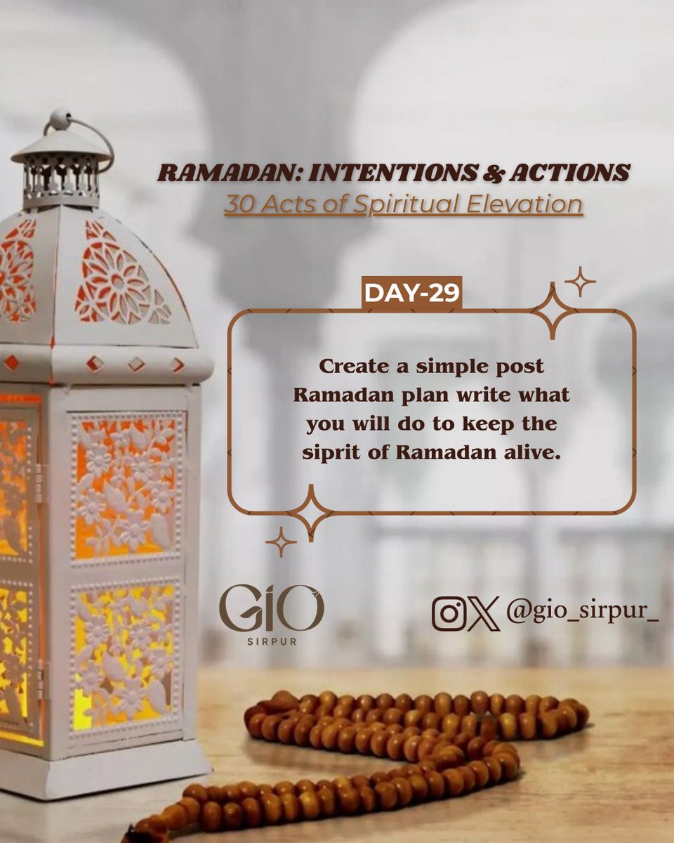 Ramadan changed you… now protect that change.✨
Write your post-Ramadan plan today:
Keep one good habit,
leave one bad habit,
and stay close to Allah.
#RamadanIntentionsAndActions
#Day-29
#StayConsistent
#gio_sirpur_
#giotelangana
