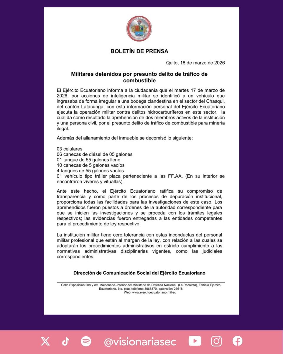 #MiradaNacionalEC | El Ejército Ecuatoriano informó la detención de dos militares en servicio activo y un civil, acusados de presunto tráfico de combustible en Latacunga.

La operación de inteligencia se ejecutó en el sector Chasqui, donde se identificó un vehículo ingresando a