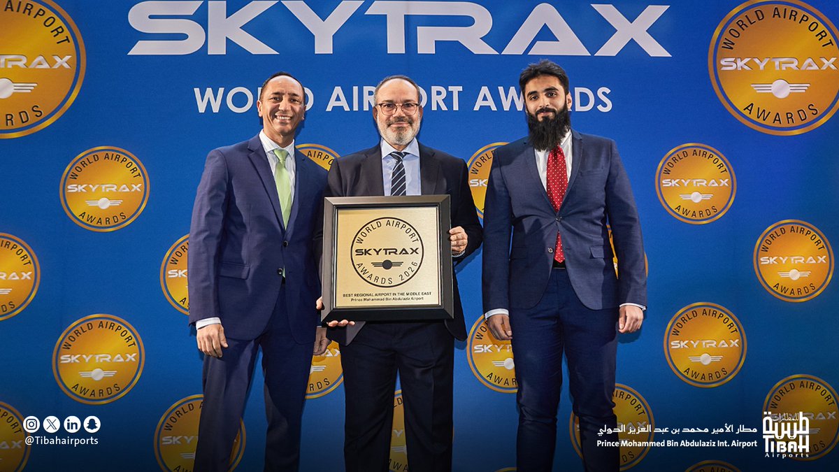 tibahairports's tweet photo. للمرة الثالثة على التوالي والخامسة خلال ستة أعوام #مطار_المدينة أفضل مطار إقليمي في الشرق الأوسط ضمن جوائز "سكاي تراكس" العالمية لأفضل مطارات العالم 2026.

For the third consecutive year and the fifth time in six years, #Madinah_Airport has been named Best Regional Airport in the Middle East at the Skytrax World Airport Awards 2026.