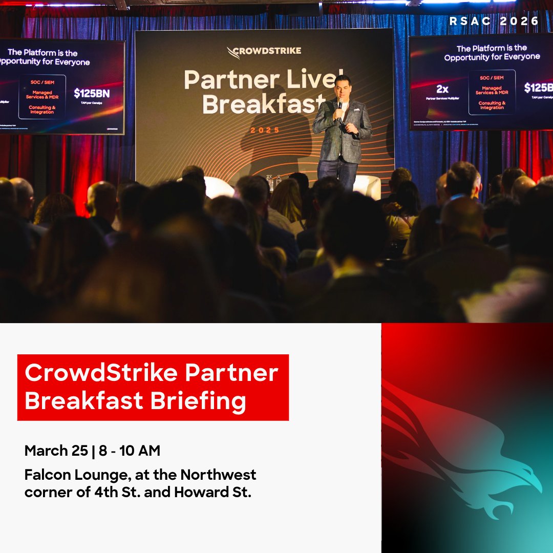 CrowdStrike partners, join us for the Partner Breakfast Briefing with Daniel Bernard at #RSAC.

🗓 March 25 | 8–10am
📍 Falcon Lounge, at the Northwest corner of 4th St. and Howard St.

Space is limited, so register today: crwdstr.ke/6019B6pIeR