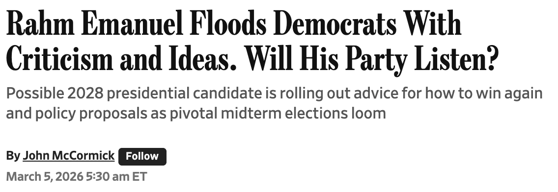 daveweigel's tweet photo. Fun contrast in how the WSJ heds treat two Chicago Dem who might run for president.

Pritzker: "clout" tested in #ILSen, spared "embarrassment" when Stratton wins

Emanuel: Can the Dems handle his 200-proof TRUTH?

https://t.co/gUwXxLKLIU https://t.co/smlwmhywZ4