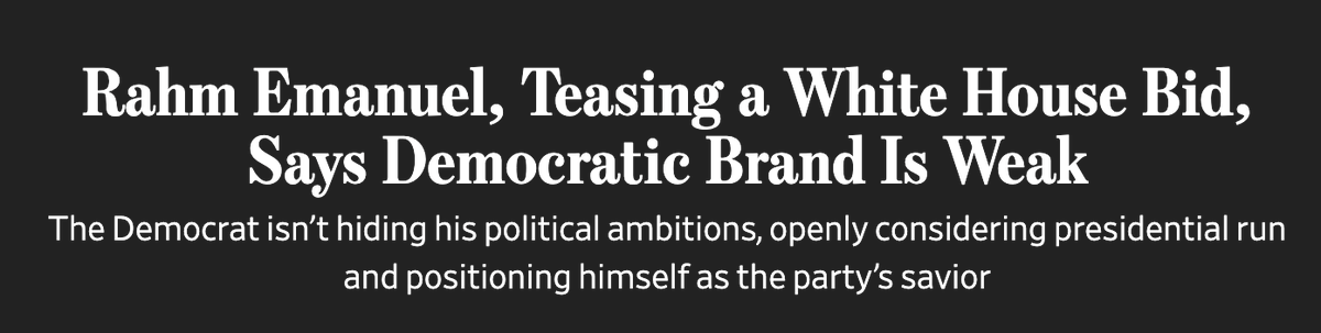 daveweigel's tweet photo. Fun contrast in how the WSJ heds treat two Chicago Dem who might run for president.

Pritzker: "clout" tested in #ILSen, spared "embarrassment" when Stratton wins

Emanuel: Can the Dems handle his 200-proof TRUTH?

https://t.co/gUwXxLKLIU https://t.co/smlwmhywZ4
