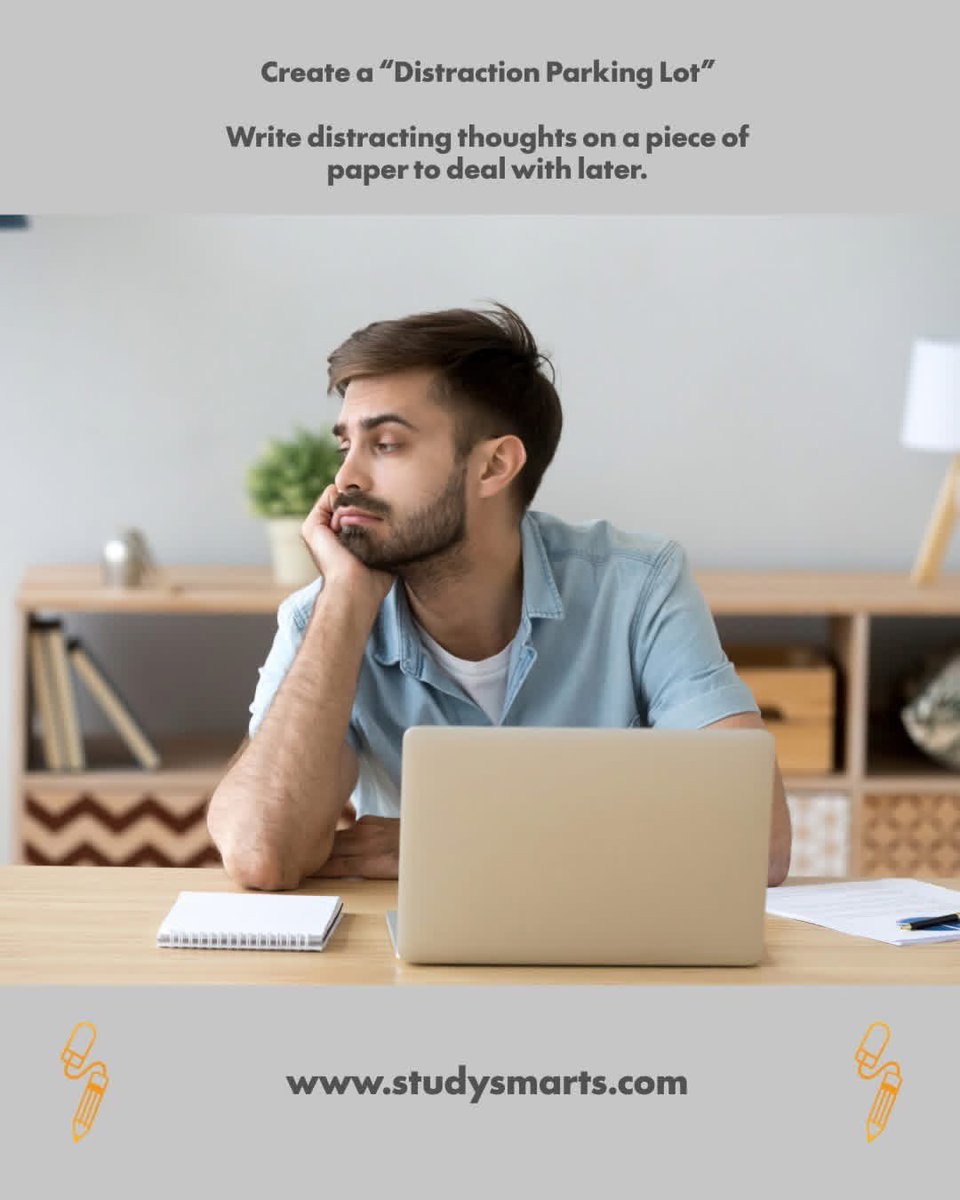 StudySmarts's tweet photo. Create a “Distraction Parking Lot”

Write distracting thoughts on a piece of paper to deal with later. https://t.co/RIDL1DdMl5