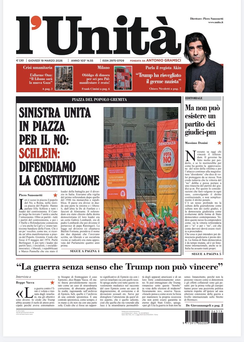 unitaonline's tweet image. 📰 La prima pagina dell’#Unità del #19marzo

Abbonati subito: bit.ly/ABBONATI-SUBITO