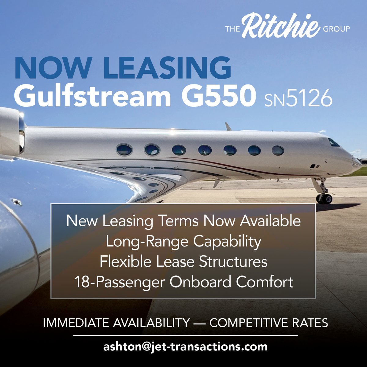 GroupRitchie's tweet photo. New, Flexible Leasing Terms! Gulfstream G550
Ideal for operators seeking long-range capability &amp; high-capacity comfort. Competitive pricing w/adaptable lease structures for various missions. Let's talk about  details &amp; leasing terms. #aircraftforlease #G550 #theritchiegroup https://t.co/sY6odVNrNC