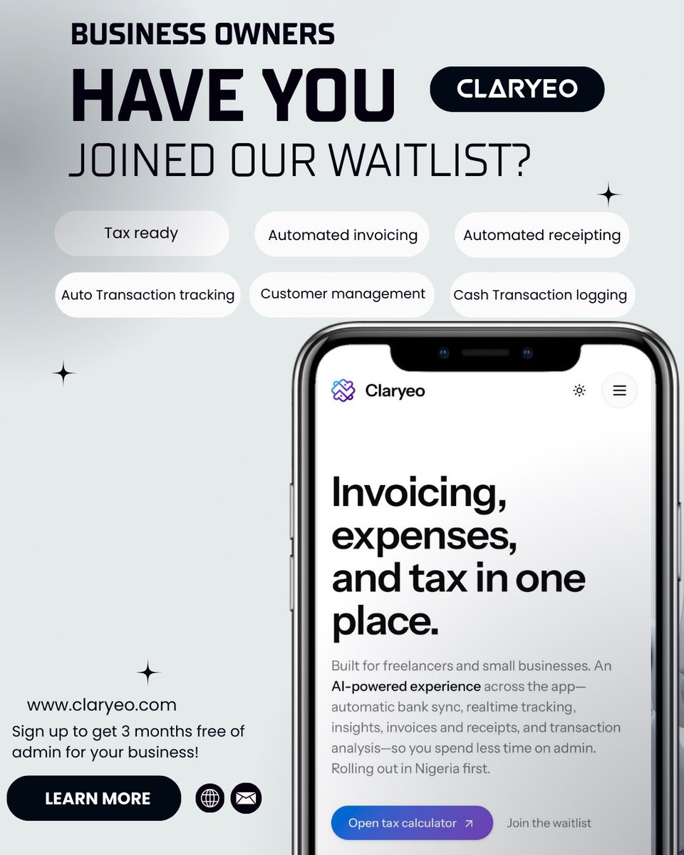 claryeoofficial's tweet photo. Most small business owners don’t lack income…
They lack clarity.
Cash, transfers, receipts, taxes — it’s all scattered.
Claryeo brings everything into one place.
Less admin. More control.
#BusinessOwners #BusinessOwners
#Bookkeeping #AutomatedReceipt #AutomatedInvoice https://t.co/NGkZBXJ6wR