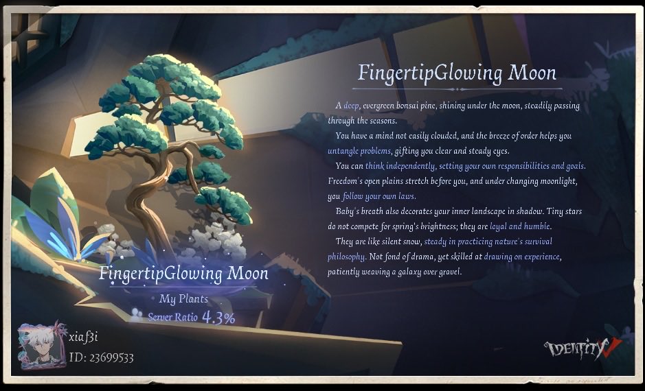 evcpse's tweet photo. In the "Farewell, Titantree Forest" event, the plant I nurtured whispers [FingertipGlowing Moon]#FarewellTitantreeForest#IdentityV https://t.co/mc4NE7FRVT