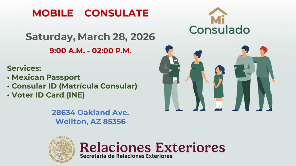 ConsulMexYum's tweet photo. 📢ACUDE SIN CITA 📢
Te informamos que el próximo sábado 28 de marzo tendremos consulado móvil en Wellton.
Puedes acudir al Consulado a realizar los siguientes trámites:
✅INE
✅Pasaporte
✅Matrícula Consular
⏰ 9:00 a.m. a 2:00 p.m.
📍28634 Oakland Ave., Wellton, Arizona 85356. https://t.co/HuLtA1FGrC