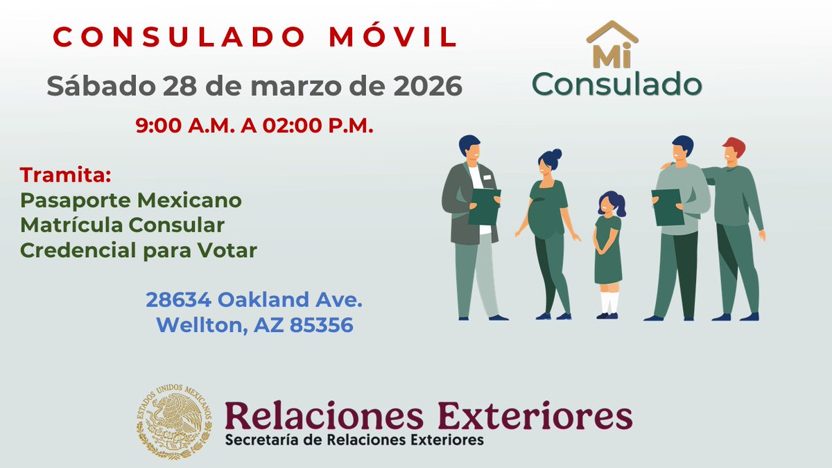 ConsulMexYum's tweet photo. 📢ACUDE SIN CITA 📢
Te informamos que el próximo sábado 28 de marzo tendremos consulado móvil en Wellton.
Puedes acudir al Consulado a realizar los siguientes trámites:
✅INE
✅Pasaporte
✅Matrícula Consular
⏰ 9:00 a.m. a 2:00 p.m.
📍28634 Oakland Ave., Wellton, Arizona 85356. https://t.co/HuLtA1FGrC