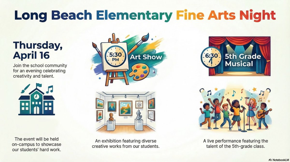 308LongBeach's tweet photo. 🎨✨ Fine Arts Night Details! ✨🎨

Join us for an evening of creativity and talent at Long Beach Elementary! 💙

🗓 Thursday, April 16
🖼 Art Show: 5:30 PM
🎭 5th Grade Musical: 6:30 PM

We can’t wait to see our students shine—don’t miss it! 🌟 https://t.co/r86x0a0ruL