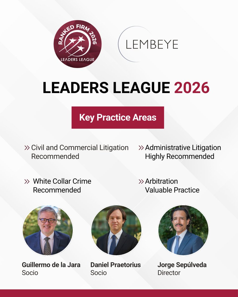 lembeye_cl's tweet photo. ¡Volvimos a ser destacados en @Leaders_league 2026!
Felicitamos a todo el equipo Lembeye y, en especial, a nuestros socios Guillermo de la Jara y Daniel Praetorius, y a nuestro director Jorge Sepúlveda, por su liderazgo y dedicación en cada una de las áreas. 

#LeadersLeague2026 https://t.co/6To680UHJP