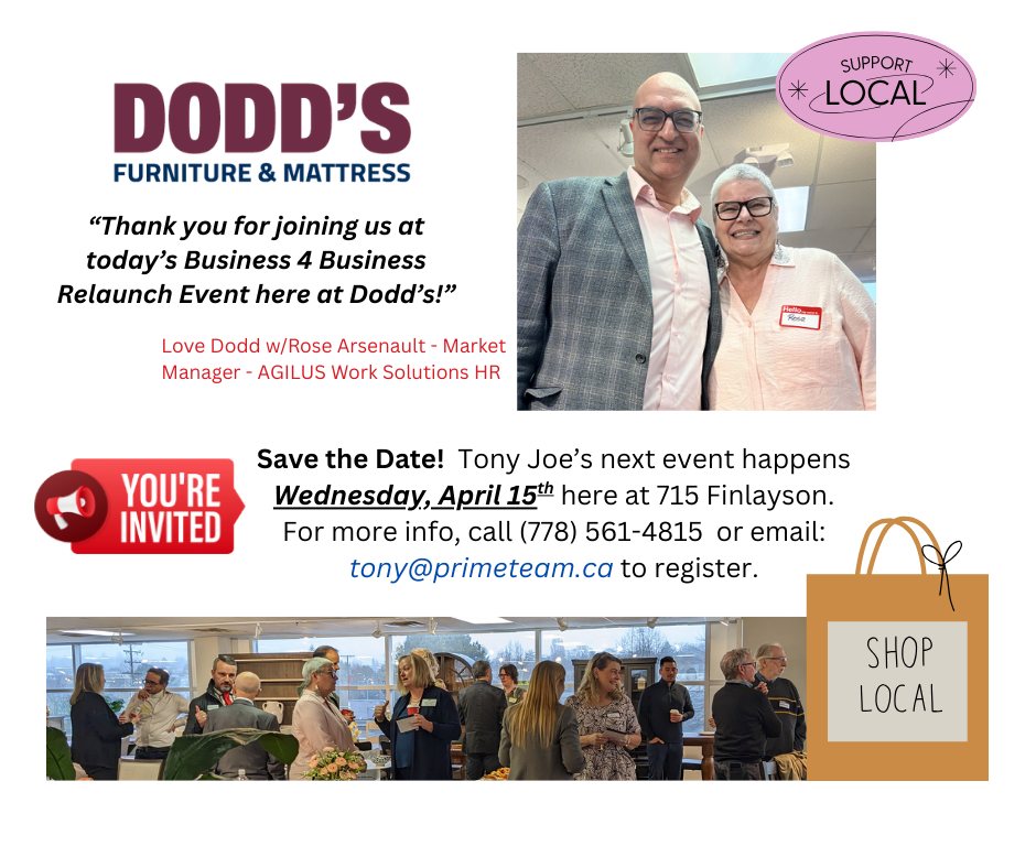GsDodd's tweet photo. For great conversations, more connections &amp; exciting opportunities to grow your business, Tony Joe's monthly  RE/MAX Sabre Realty Victoria "Business 4 Business" events here @DoddsFurniture here check ALL the Boxes! https://t.co/yZjWmcyaQX
