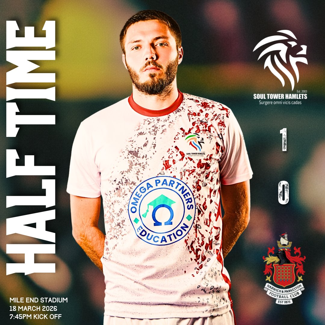 SoulTHFC's tweet image. HALF TIME | Soul Tower Hamlets 1-0 Harwich &amp;amp; Parkeston 

We head into the break with the lead! 🦁 A solid first 45 minutes under the lights at Mile End Stadium.

One big push in the second half to secure the result. Let’s keep this momentum going! 🔴⚪️

#SoulTowerHamlets #STHFC