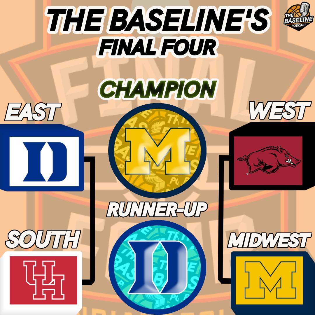 TheBaselineCBB's tweet photo. Here is The Baseline's consensus 2026 Final Four! Take a listen to see how we got these match ups with our bracket preview 👇 https://t.co/saqeTpNfL5