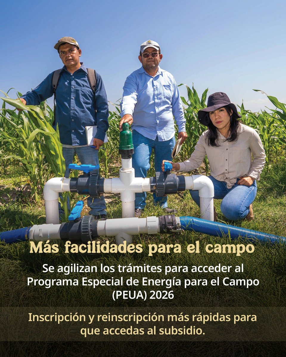 . <a href="/Agricultura_mex/">Secretaría de Agricultura y Desarrollo Rural</a>, <a href="/conagua_mx/">Conagua</a>  y <a href="/CFEmx/">CFEmx</a>  simplifican los trámites para acceder al PEUA 2026. 💡

Con menos burocracia, más productoras y productores obtendrán el subsidio de energía eléctrica para riego agrícola.

Consulta tu módulo más cercano:
bit.ly/3Nyg8ut