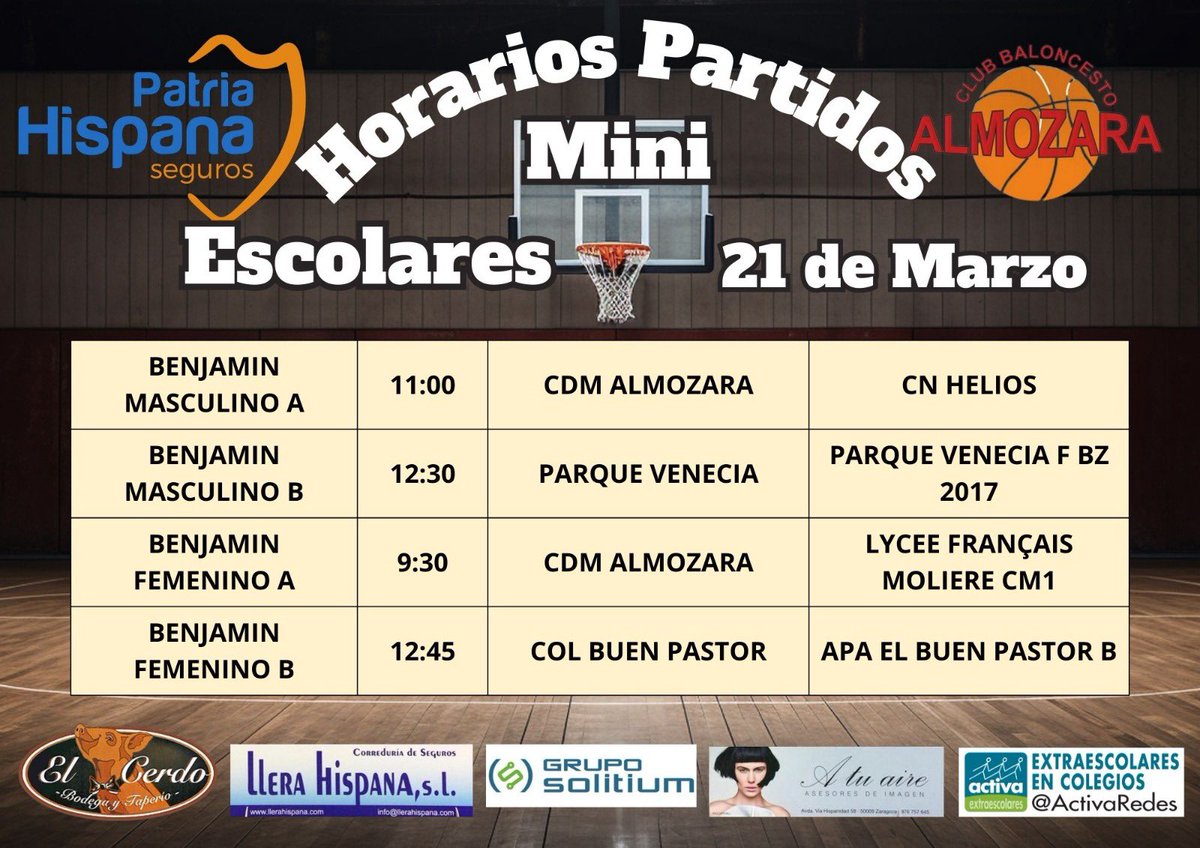 CBAlmozara's tweet photo. Horarios de los partidos del fin de semana @FabasketAragon @Iloveminibasket 🏀🏀🏀 https://t.co/x0UnXwdnzb