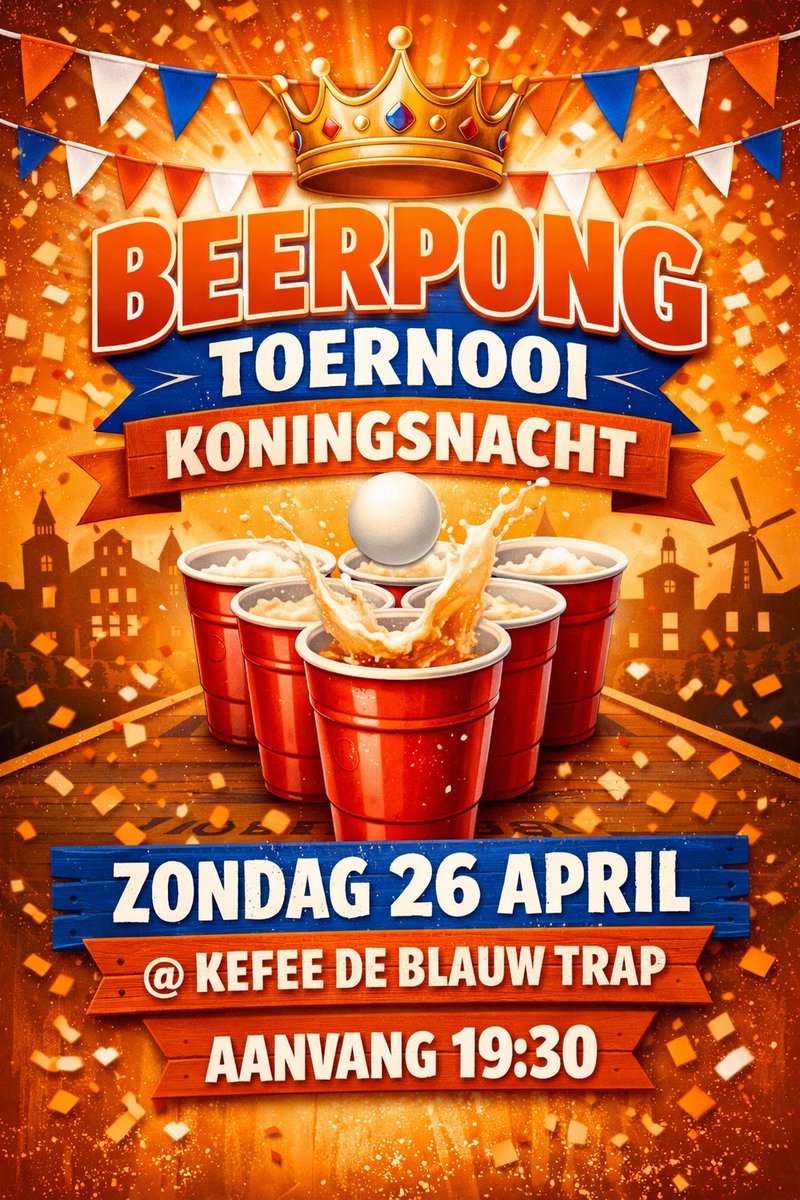 Koningsnacht:
BEERPONG Toernooi 
@ de Blauw Trap Venlo
Aanvang: 19:³⁰ uur
Zondag 26 April 
#beerpong #venlo