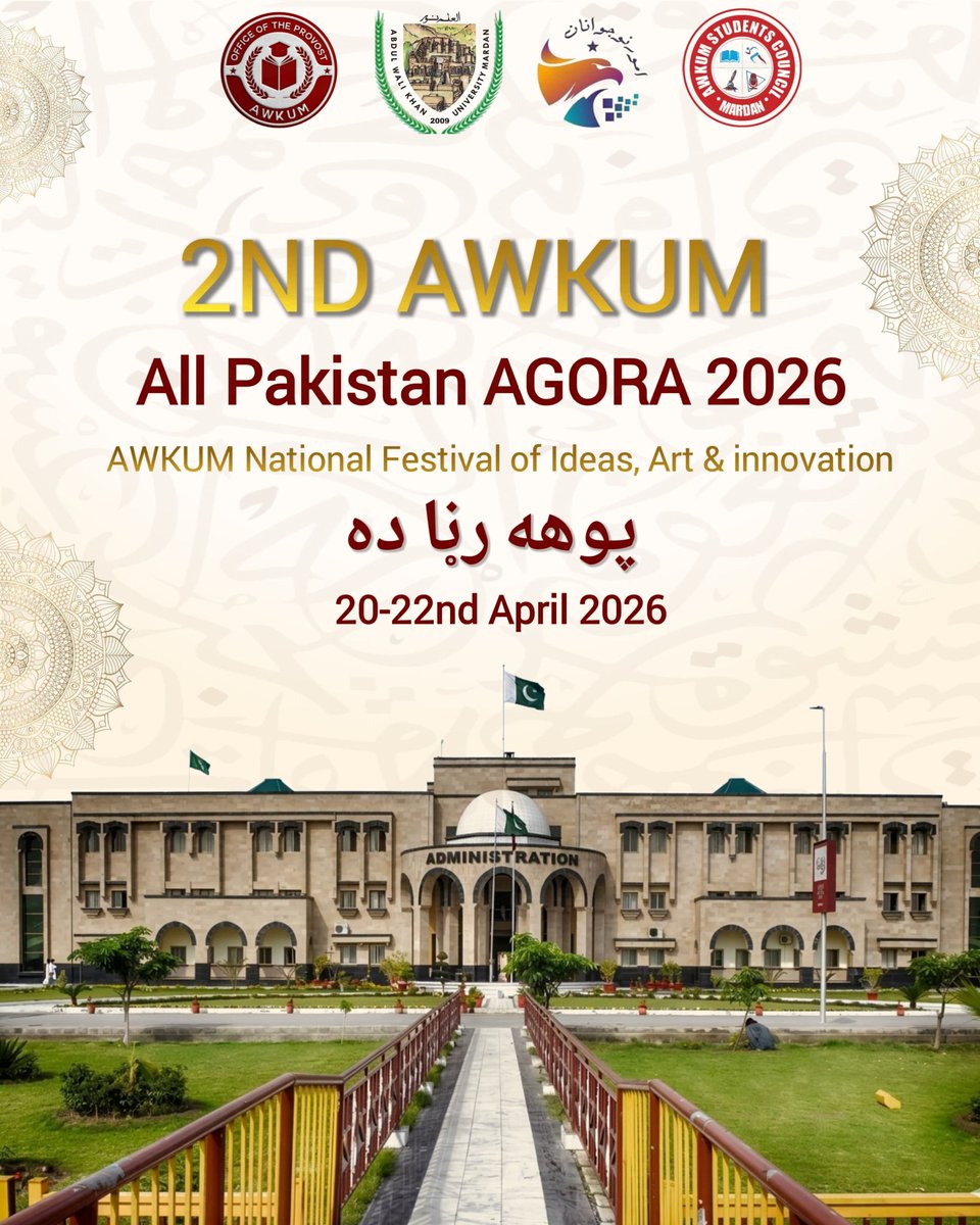 SadeedaAman's tweet photo. *📖 پوهه رڼا ده* 
(Knowledge is Light) 
*2nd AWKUM All Pakistan AGORA 2026*,
AWKUM National Festival of Ideas, Arts &amp; Innovation
*📅 Dates:* 20th – 22nd April 2026
*📍 Venue:* Abdul Wali Khan University Mardan
*🔗 Register Now:*
https://t.co/OxPuzes8eZ https://t.co/xfAWEI2k9n