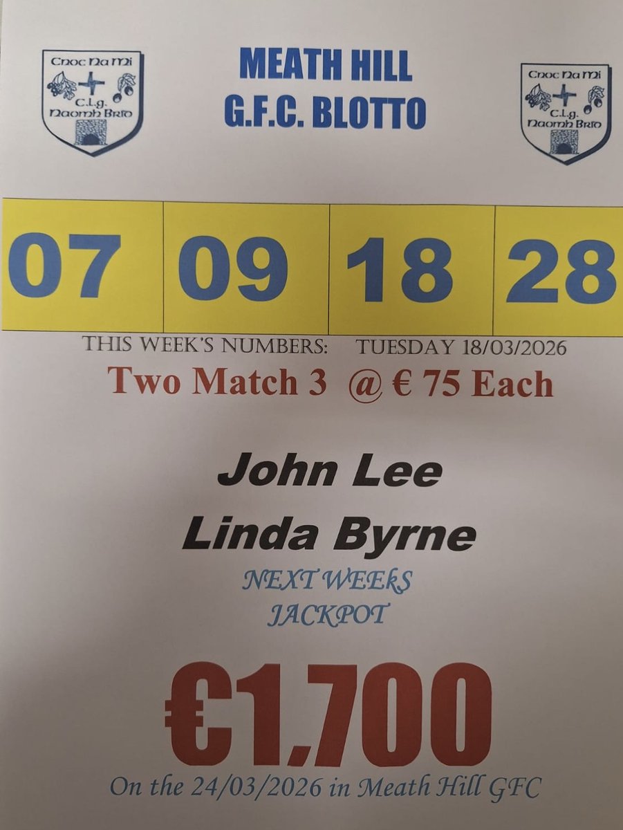 Lotto Results for the 18/03/2026
Get all the latest news on the Meath Hill GAA app member.clubspot.app/club/meath-hil…
