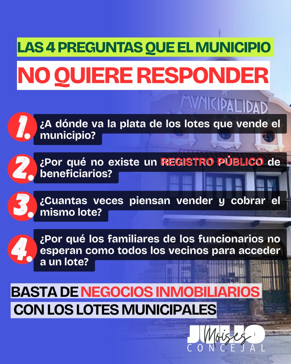 ¡ALERTA EN SAN PEDRO! 🚨⚠️  ¿Sabías que están haciendo "caja" con los lotes que deberían ser la solución de la emergencia habitacional que hoy viven los sampedreños?🧐💰

Presente un Proyecto de Ordenanza para que se haga público el manejo de ventas de lotes en la ciudad.