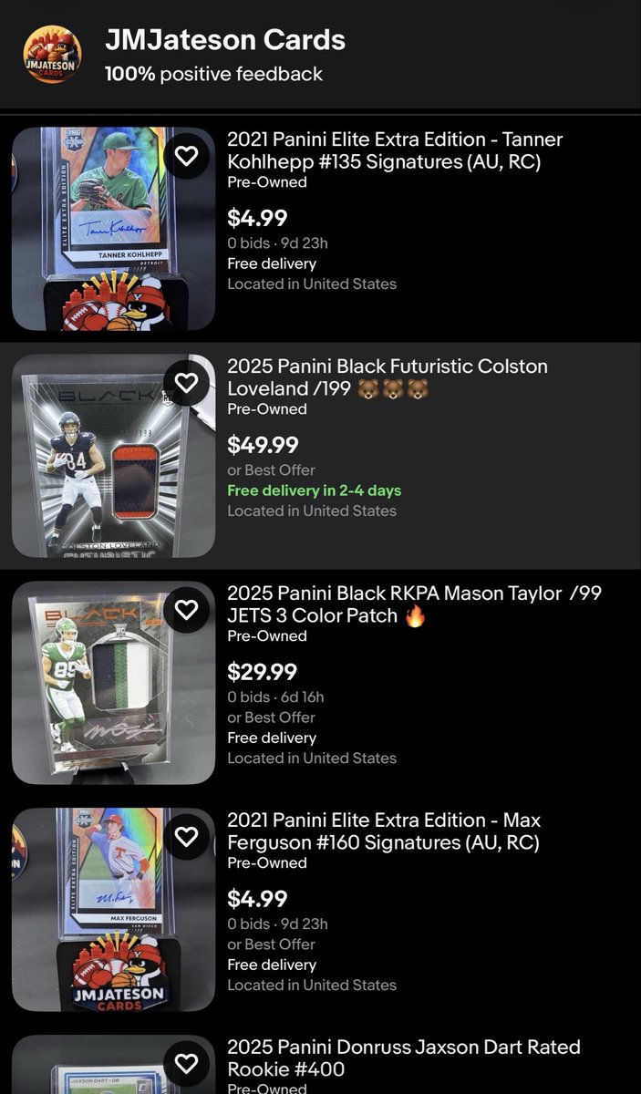 JmjatesonCards's tweet photo. Checkout JMJateson Cards on EBay or take a look at the pics below and message me with some offers here on X.
Over 500 listings and adding new stuff daily !
🔴 https://t.co/rnlJYc0TFb
🔴 paypal or Venmo g&s
🔴 follow @Jmjateson
#TBBCrew #TBBreposts #numberedauto #panini #donruss #topps #MLB #UFC #rpa #WednesdayTradingCards #TradingCommunity #TradingCards #NFL #sales #buy #sell #trade #iso #topps #triplebangerbreaks #whodoyoucollect #tradingcards #thehobby #TBBGold #JMJatesonCards