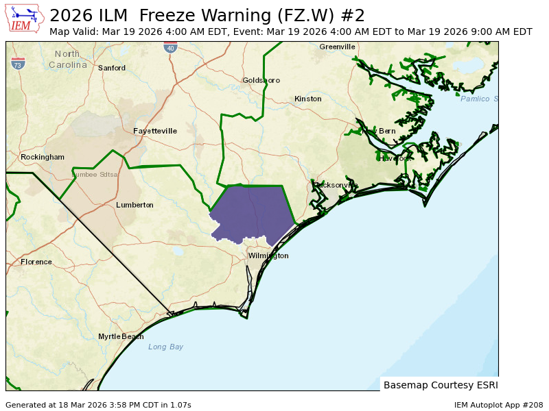 ILM issues Freeze Warning valid at Mar 19, 4:00 AM EDT for Inland Pender [NC] till Mar 19, 9:00 AM EDT mesonet.agron.iastate.edu/vtec/f/2026-O-…