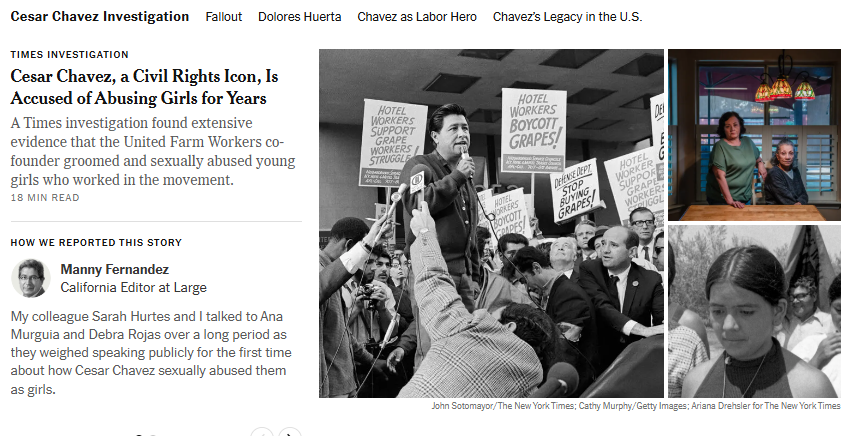 tvheidihatch's tweet image. Cesar Chavez, a Civil Rights Icon, accused of sexually abusing young girls for years.