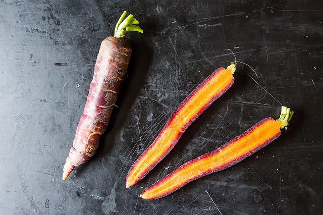 Fresh Fruit/Vegetable Program snack of the day for Thursday: Purple Carrots. Did you know that carrots were originally purple? They were changed by selective breeding to make them orange? Due to their color, they have the same antioxidants as blueberries.