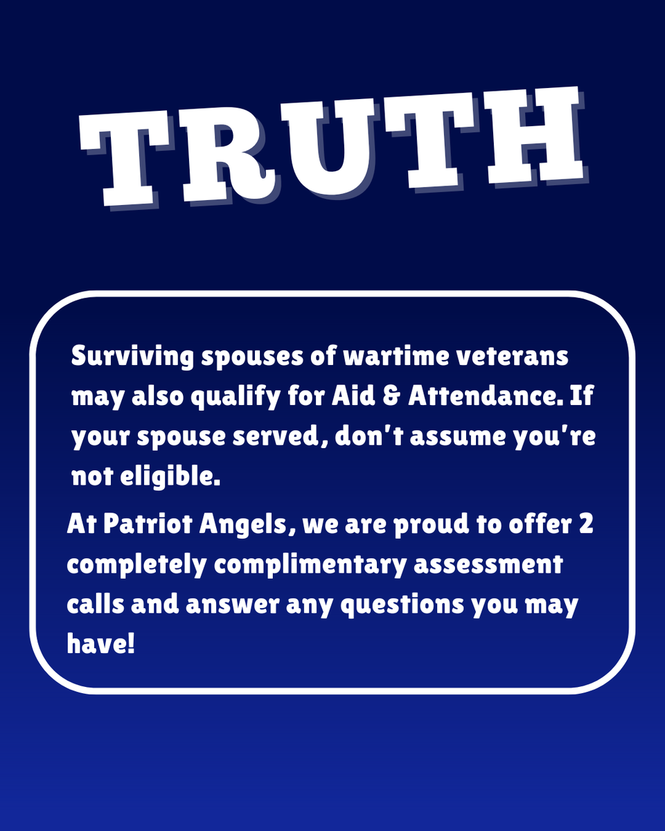 PatriotAngels's tweet photo. It's time for another Myth vs Truth! 
If you’re a veteran OR surviving spouse wondering about Aid &amp; Attendance, Patriot Angels is here to answer your questions with a free, no-obligation assessment.
#AidandAttendance #VABenefits https://t.co/DYo9b4fHY2