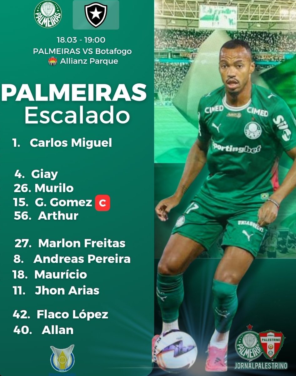 Palmeiras escalado pra enfrentar o Botafogo
