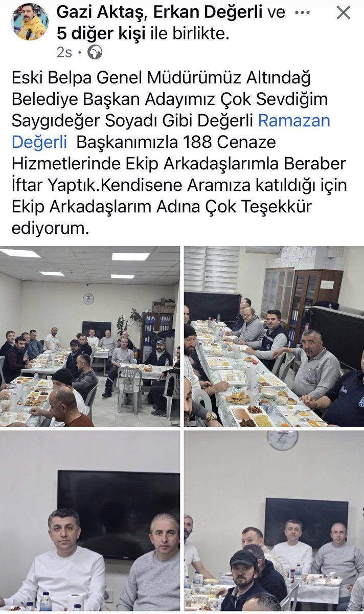 Bugün iftarımızı Mezarlıklar Daire Başkanlığı cenaze nakil hizmetlerindeki Belpa çalışanı arkadaşlarımızla yaptık. 
Mübarek Ramazan ayının son günlerinde Belpa genel müdürlüğüm dönemindeki mesai arkadaşlarımla bir araya gelmek, çalışma dönemindeki anıları paylaşmak çok iyi geldi.