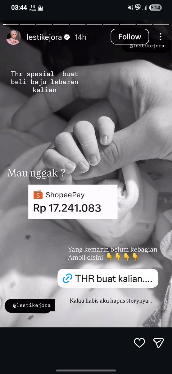 husina212's tweet photo. @flllowiee Lesti lg bagi2 THR ni yuk jgn sampai kehabisan https://t.co/XEnwMZUNXX https://t.co/OvpwKQpt3a