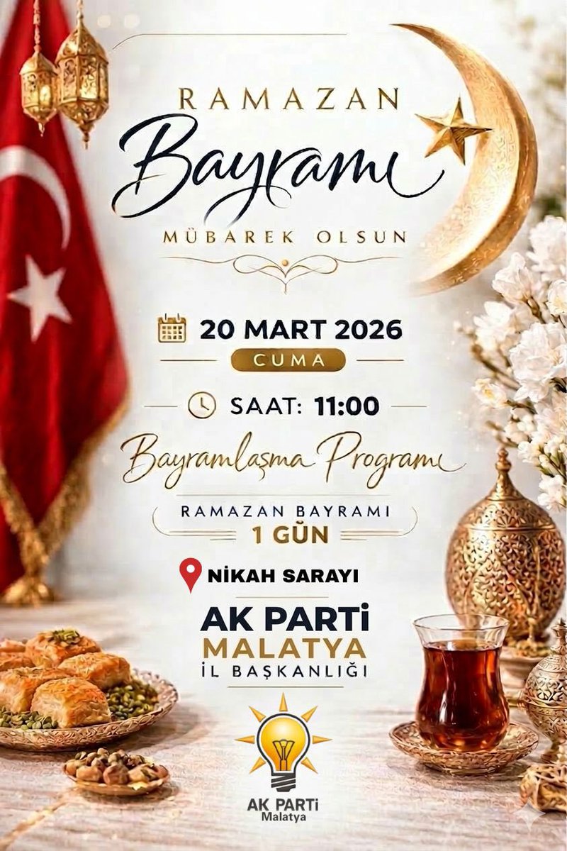 Bayramın birlik, beraberlik ve kardeşlik iklimini hep birlikte paylaşmak; sevincimizi çoğaltmak ve bayramın bereketini birlikte yaşamak üzere, beraber yol yürüdüğümüz değerli dava arkadaşlarımızı ve kıymetli hemşehrilerimizi bayramlaşma programımıza davet ediyoruz. 🌙✨

⏰ 11.00