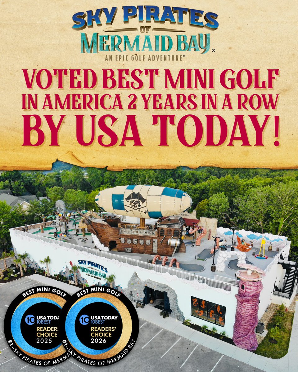 U_creative's tweet photo. 🏆 CONGRATS on 2 YRS of BEING #1! 🏆
The product of our imagination, Sky Pirates of Mermaid Bay, has taken home the TOP spot as #1 Best Mini Golf in America AGAIN by @usatoday @10best Readers’ Choice 2026! We have loved riding this wave – let's go for the 3-peat! https://t.co/OM1pmw5zv9