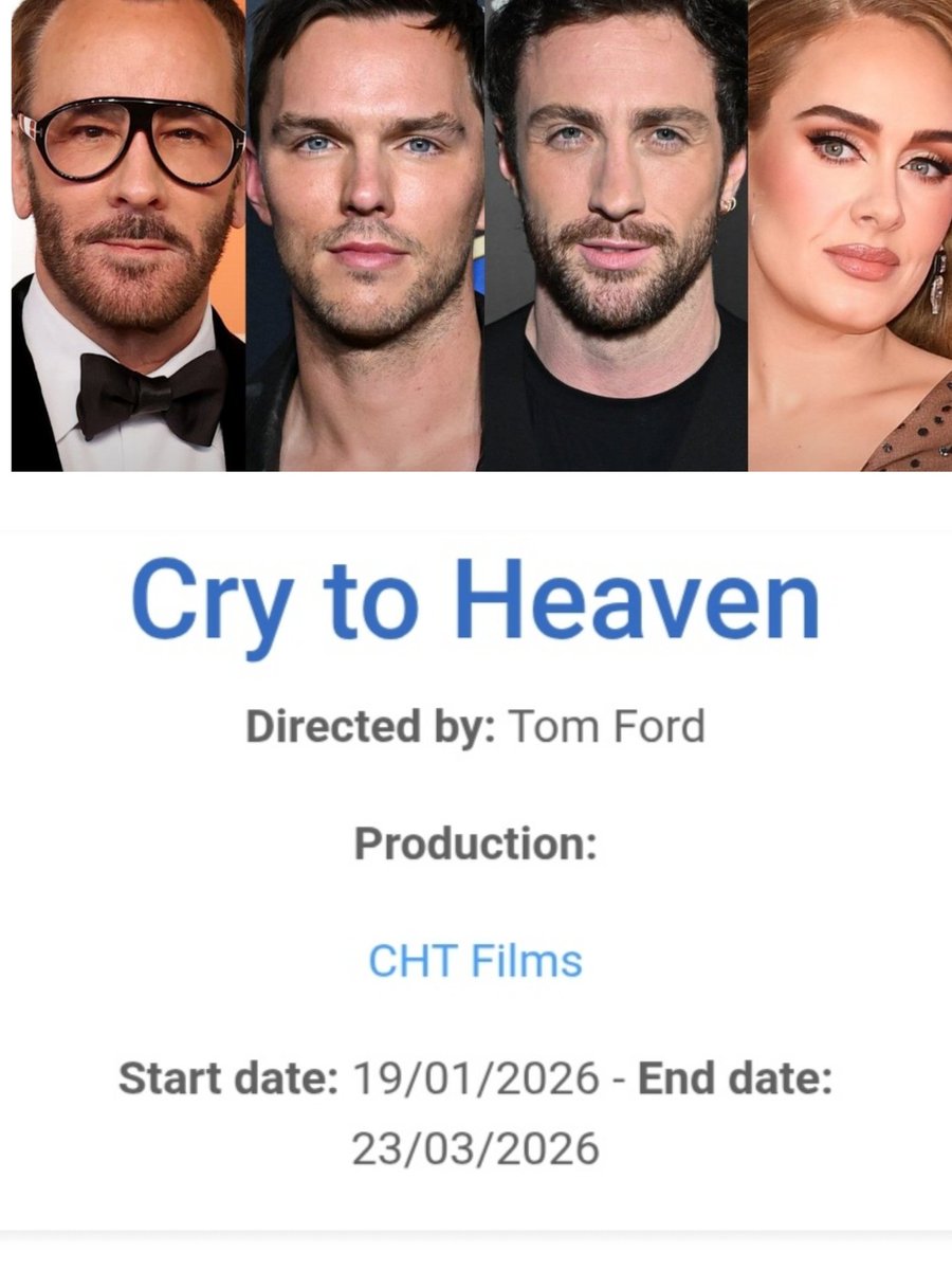 Hbrl18228's tweet photo. 🚨According to Italian media,🚨 filming for Cry to Heaven, directed by Tom Ford, wraps up on March 23rd. The film is scheduled for release this year, possibly premiering at the Venice Film Festival. It boasts a star-studded cast including Nicholas Hoult, Aroon Taylor, Adele, https://t.co/24L1UHL3Hh