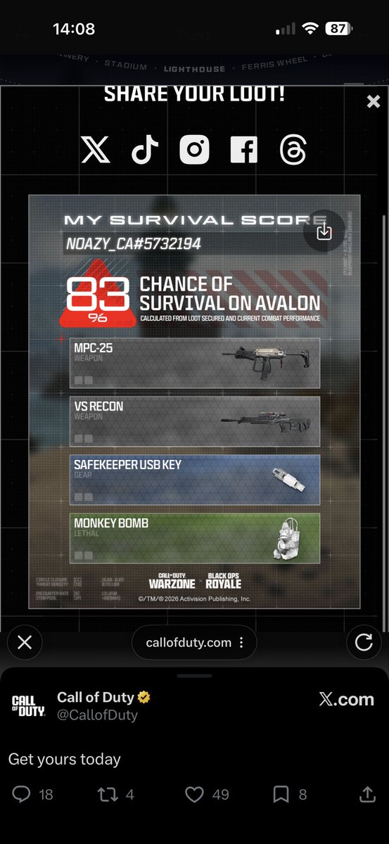 NoaZyCA's tweet photo. @CallofDuty I think I’ll win #CODSurvivalScore https://t.co/j68jBpattZ