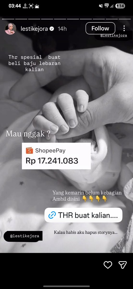 husina212's tweet photo. @bavtera Lesti lg bagi2 THR ni yuk jgn sampai kehabisan https://t.co/XEnwMZUNXX https://t.co/IaIlvsfeAL