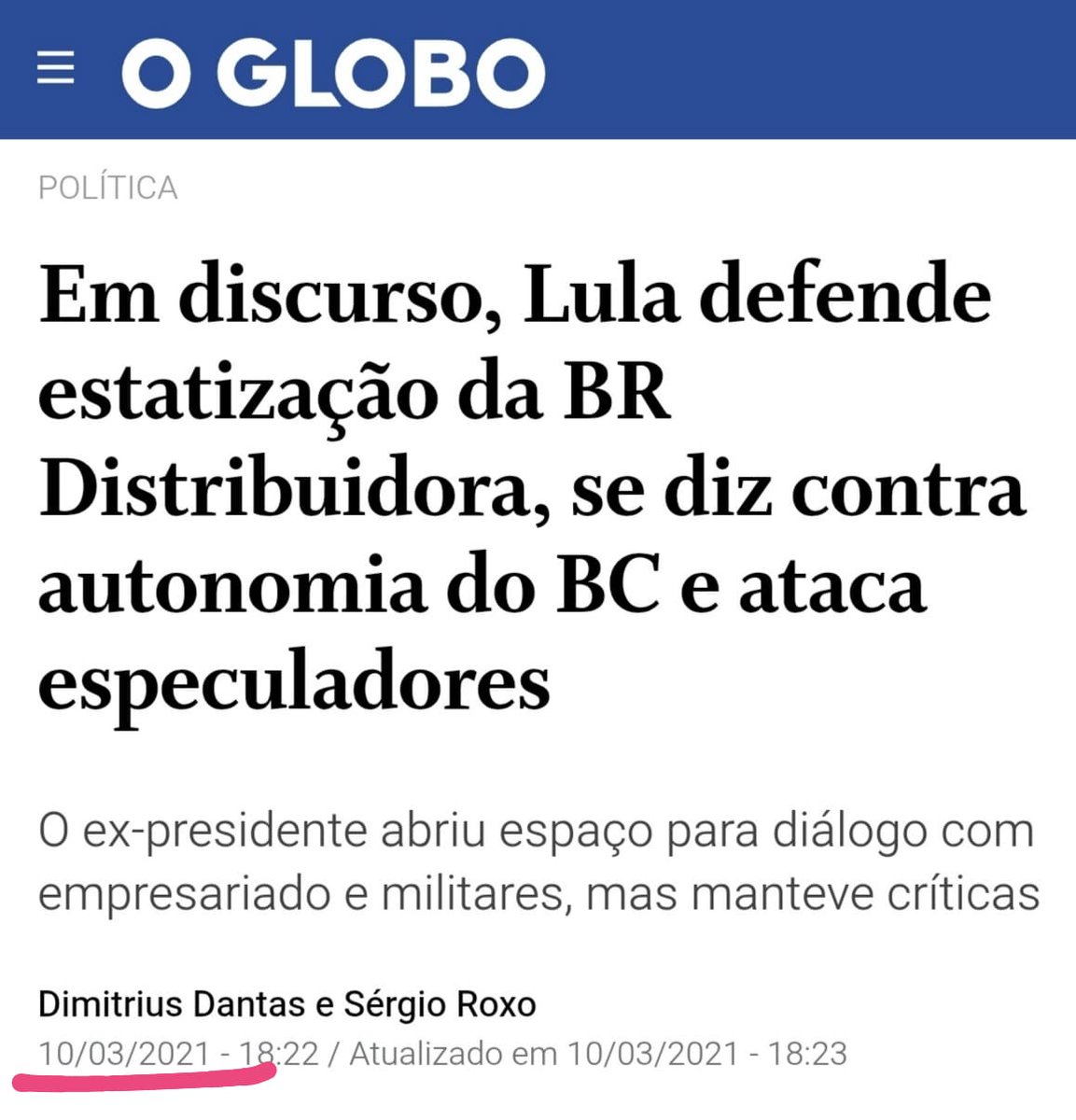 Em 2021, Lula defendeu a estatização da BR Distribuidora, se dizia contra a autonomia do Banco Central e atacou especuladores.

Lula vira presidente de novo e em 2023, 2024, 2025 e 2026 nada mudou.

Exceto os especuladores que estão ganhando mais mamando Selic de 15%.