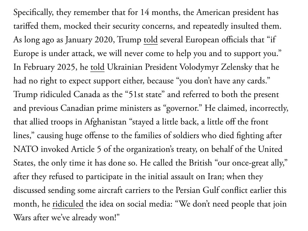 kurrild's tweet photo. @anneapplebaum with a very nice summary of why @realDonaldTrump cannot expect NATO countries to rush to aide him in a war they weren't consulted on.
https://t.co/Kewalng4il https://t.co/MEOBMOoxdK