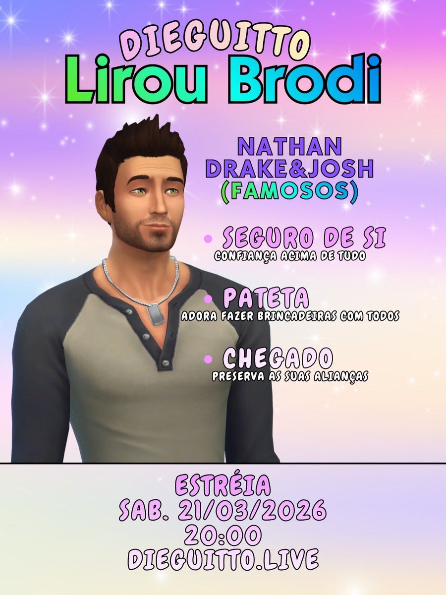 dieguitto100's tweet photo. Participantes do Lirou Brodi (parte 2)
Conheçam alguns dos participantes do nosso reality Lirou Brodi!
Estreia 21 de março às 20h em https://t.co/8rZaWq1eC9
#LirouBrodi #streamerbr #thesims4 #bbb #dieguitto https://t.co/xCuAqKJDvA