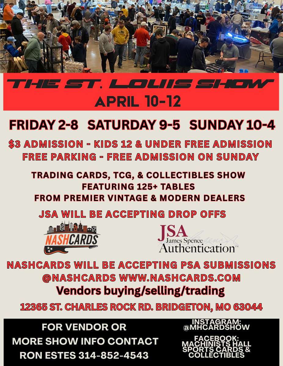 mhcardshow's tweet photo. JSA @JSALOA will be returning for The St Louis Show next month April 10-12! They will be in attendance all 3 days of the show authenticating autographs….

#JSALOA #JSA #TheSTLshow #TheHobby https://t.co/ZoEtoms78c