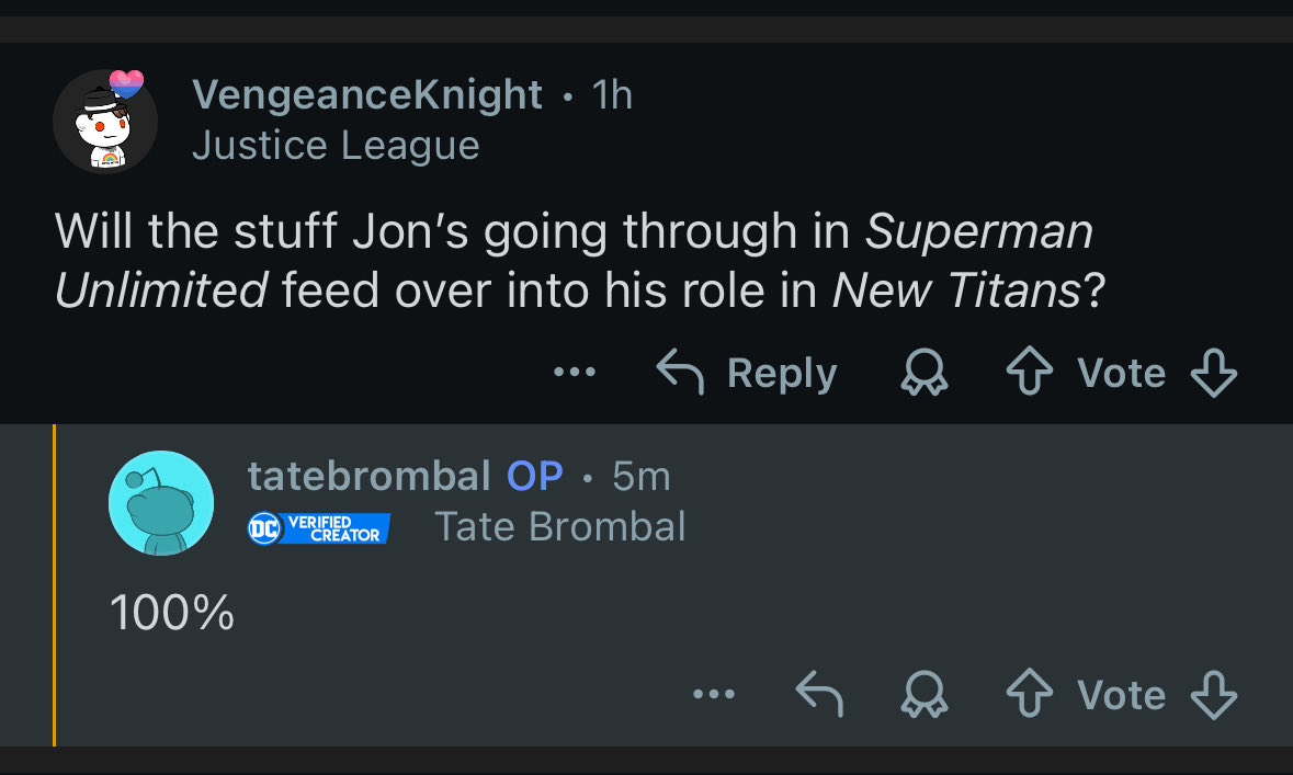 Tate Brombal confirms that things happening to Jon in Unlimited will impact him in Titans too FYI, I wouldn’t worry too much about Unlimited happening in a vacuum