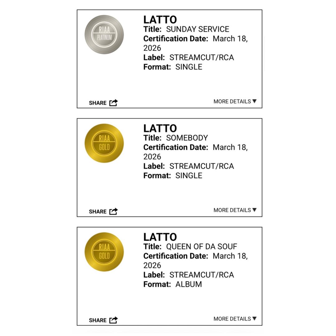 Latto earns three new RIAA gold and platinum certifications:

💿 Sunday Service — Platinum
📀 Somebody — Gold
📀 Queen Of Da Souf — Gold