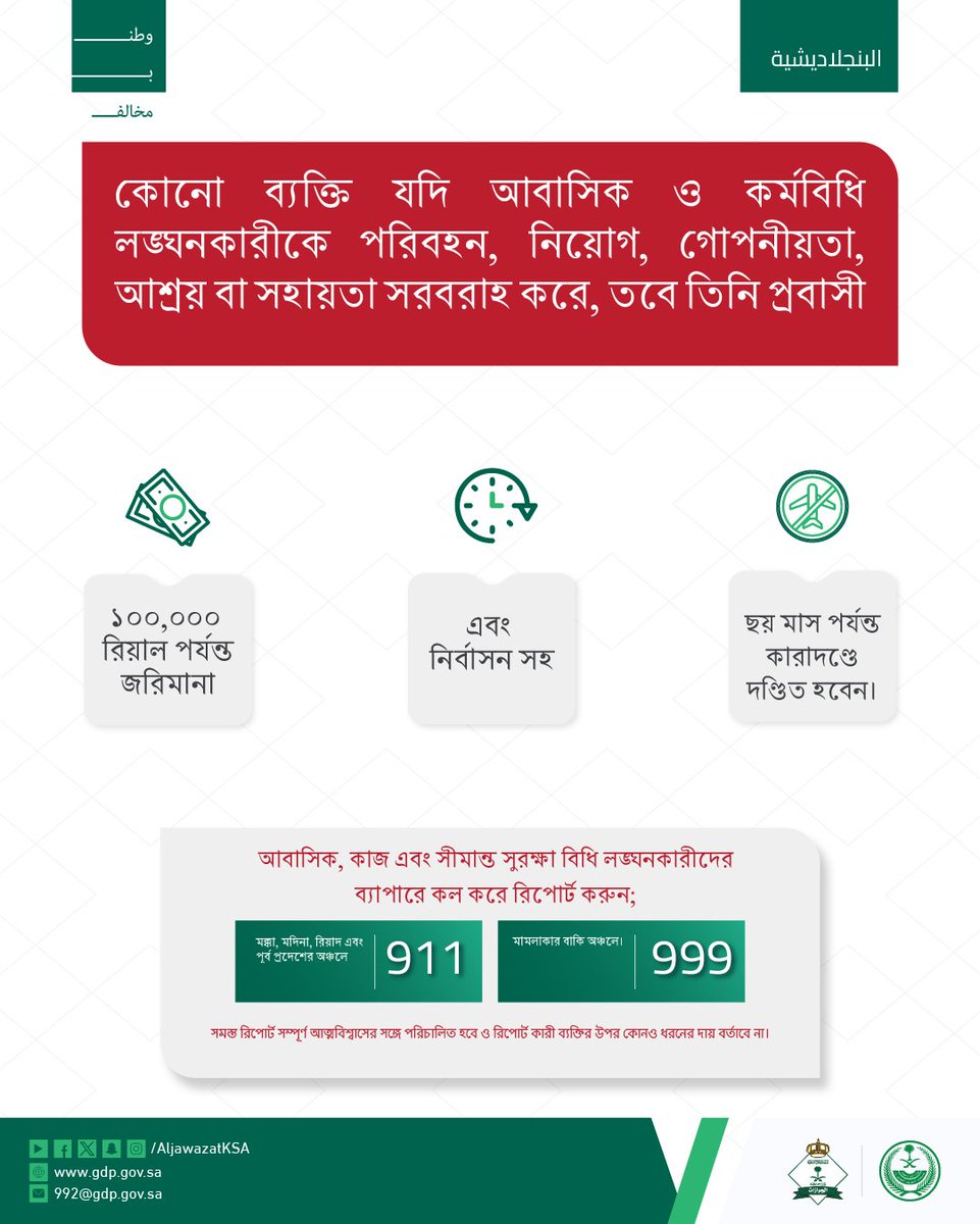 প্রত্যেক ঐ ব্যক্তির জন্য রয়েছে শাস্তি, যিনি আবাসিক এবং কাজের বিধান লঙ্ঘনকারীদের মধ্য থেকে কাউকে পরিবহন সেবা প্রদান করে, নিয়োগ দেয়,ঢেকে রাখে বা আশ্রয় দেয়।