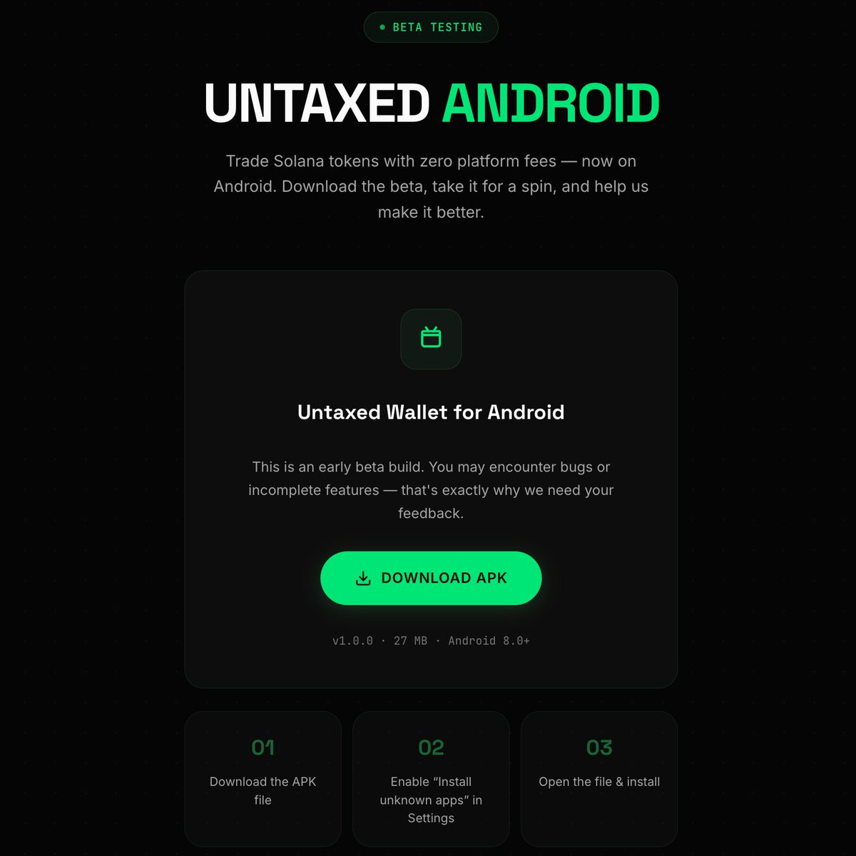 Untaxed Wallet for Android (v1.0.0 beta) ⚡️

We're not on playstore yet — listing review takes time. but we're not waiting around. if you're part of the community and want to help shape this thing before it goes public, now's your chance.

test it. break it. tell us what's wrong.