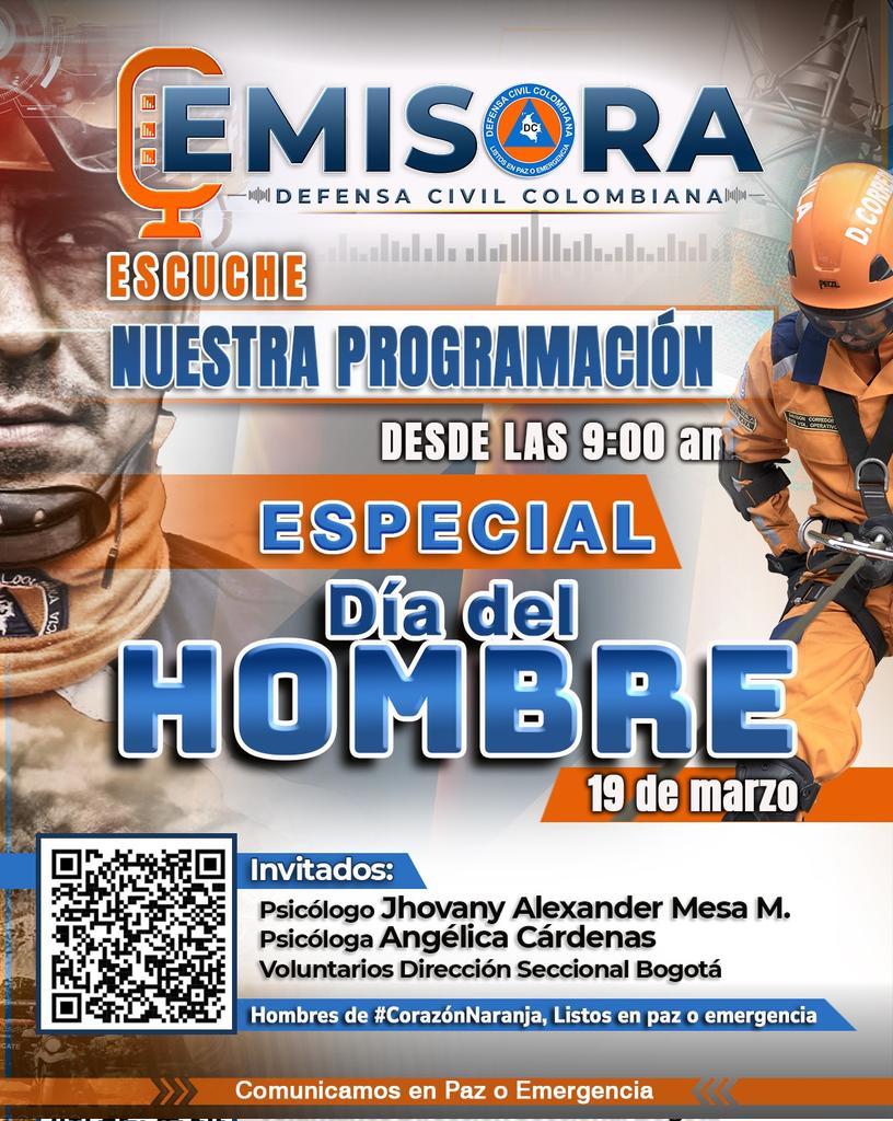 ¡Celebremos el #DíaDelHombre con un programa especial! 🧑‍🚒👨‍💼

📻Conéctate: apps.defensacivil.gov.co/home/efeba26d0…
No te pierdas este 19 de marzo , desde las 9:00 a.m., una emisión dedicada a nuestros valientes de #CorazónNaranja en la emisora de la <a href="/DefensaCivilCo/">DefensaCivilColombia</a>.