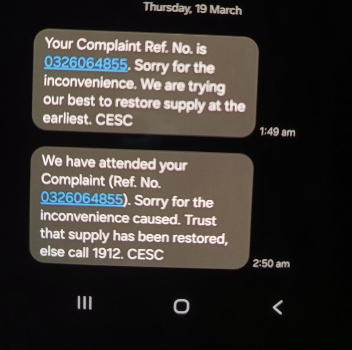 sujaykdas's tweet photo. @CESCLimited Power yet to be restored however call is closed. Technician's visited and informed more ppl will come and then after few minute I got this sms. Kindly let me know if it's a standard process you are following to resolve Power related issues. https://t.co/hdzvs0GAhm
